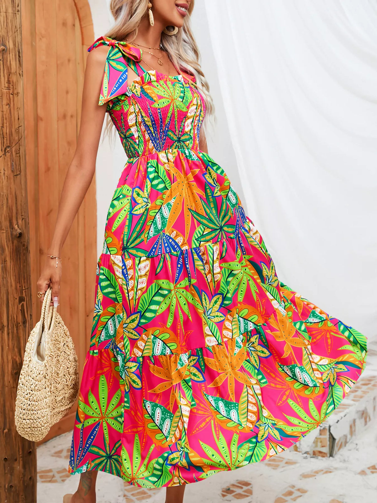 Tropical Print Smocked Tie-Strap Dress in Green