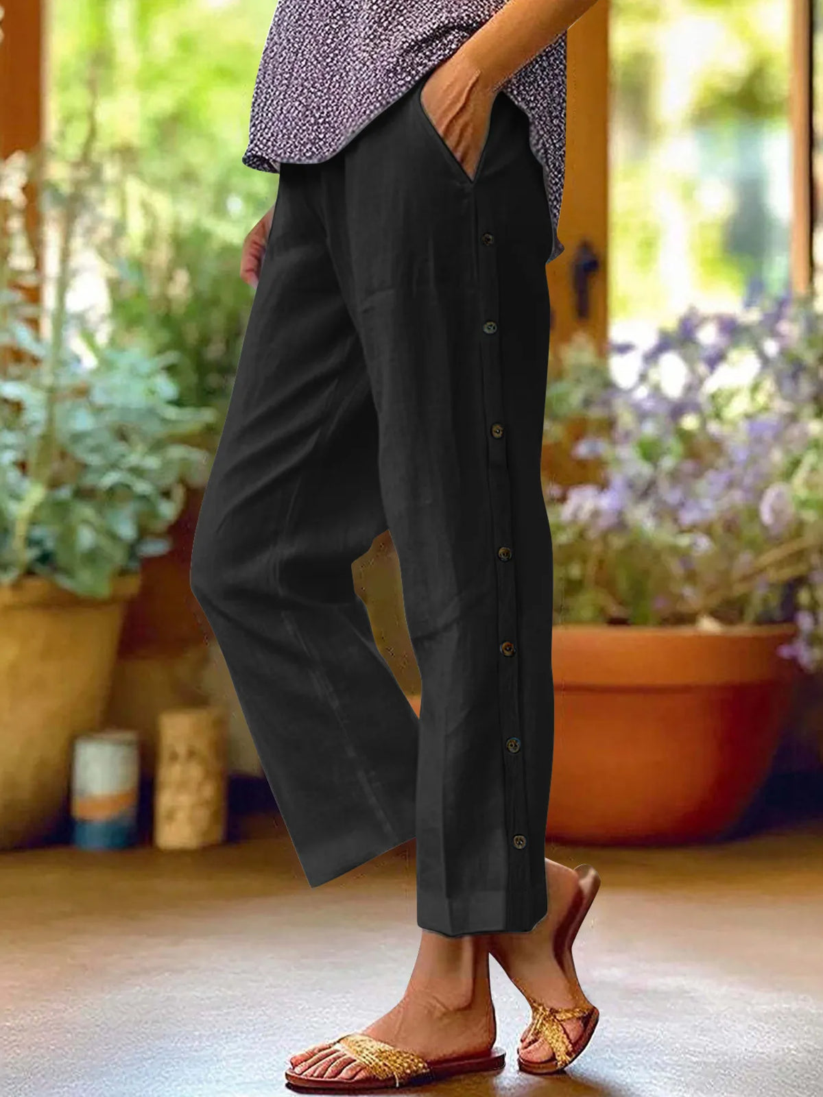 Side Button Wide Leg Pants, Plus Size
