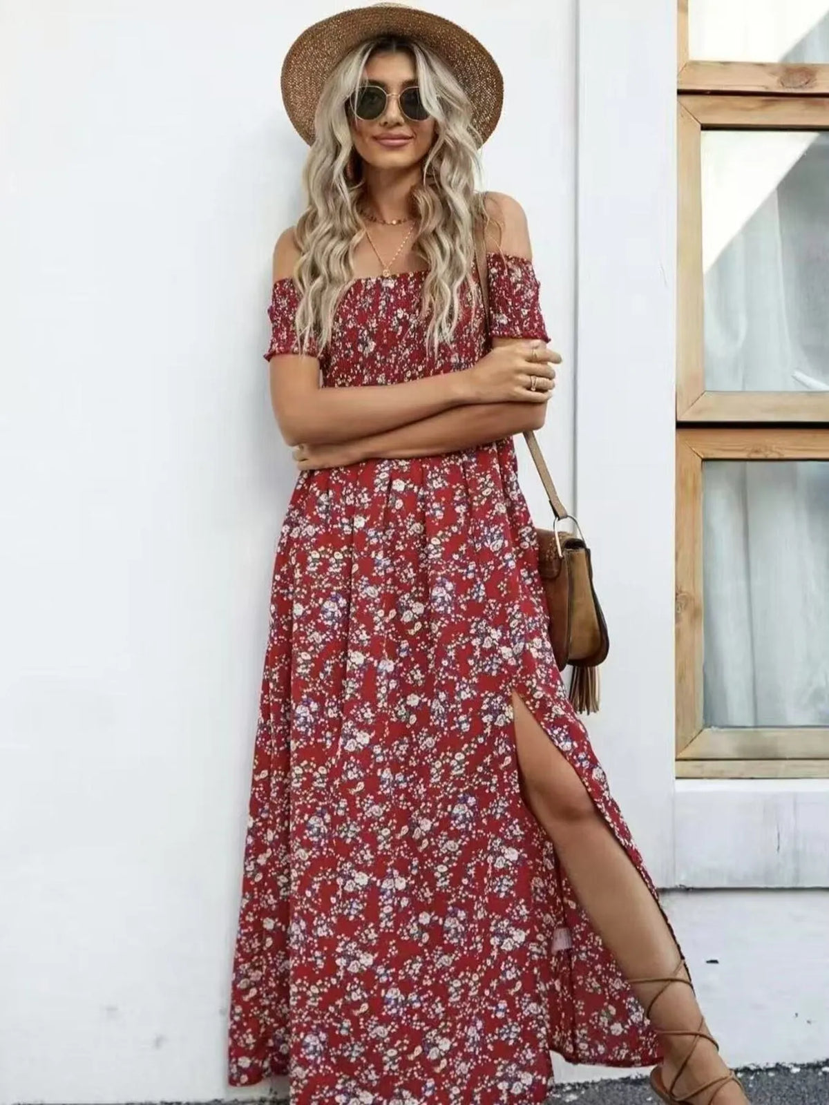 Off-Shoulder Smocked Floral Midi Dress