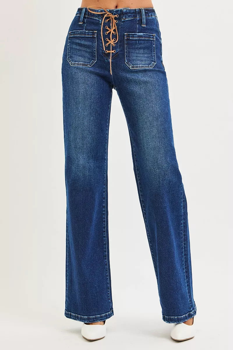 Risen High Rise Wide Leg Jeans with Front Tie in Dark Wash