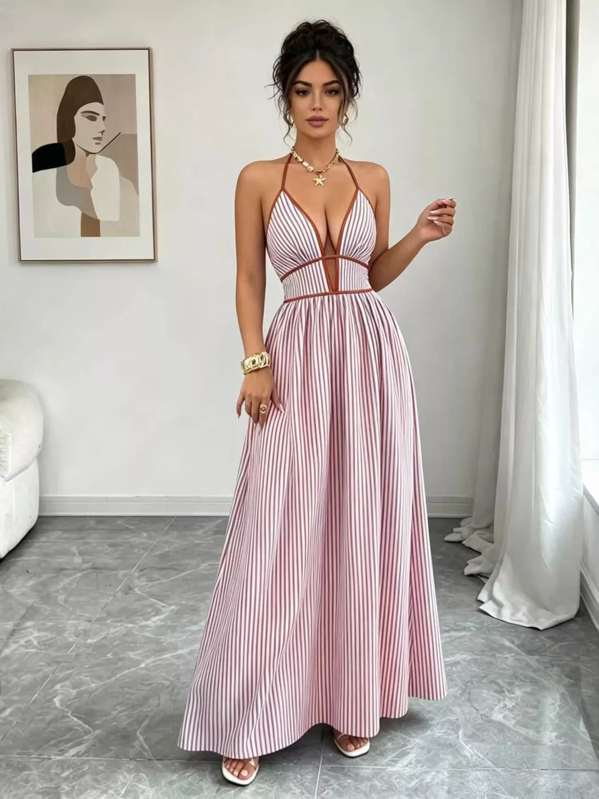 Striped Smocked Halter Neck Maxi Dress