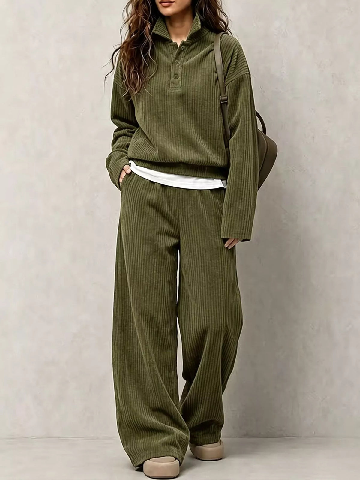 Corduroy Button-Front Top and Wide Leg Pants Set