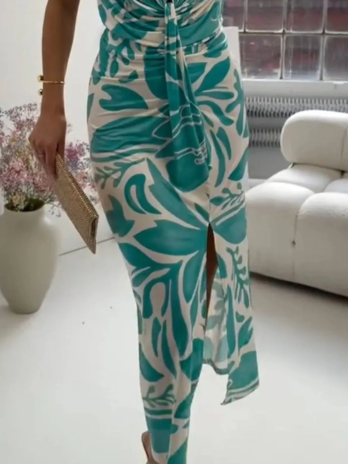 Slit Printed V-Neck Midi Dress