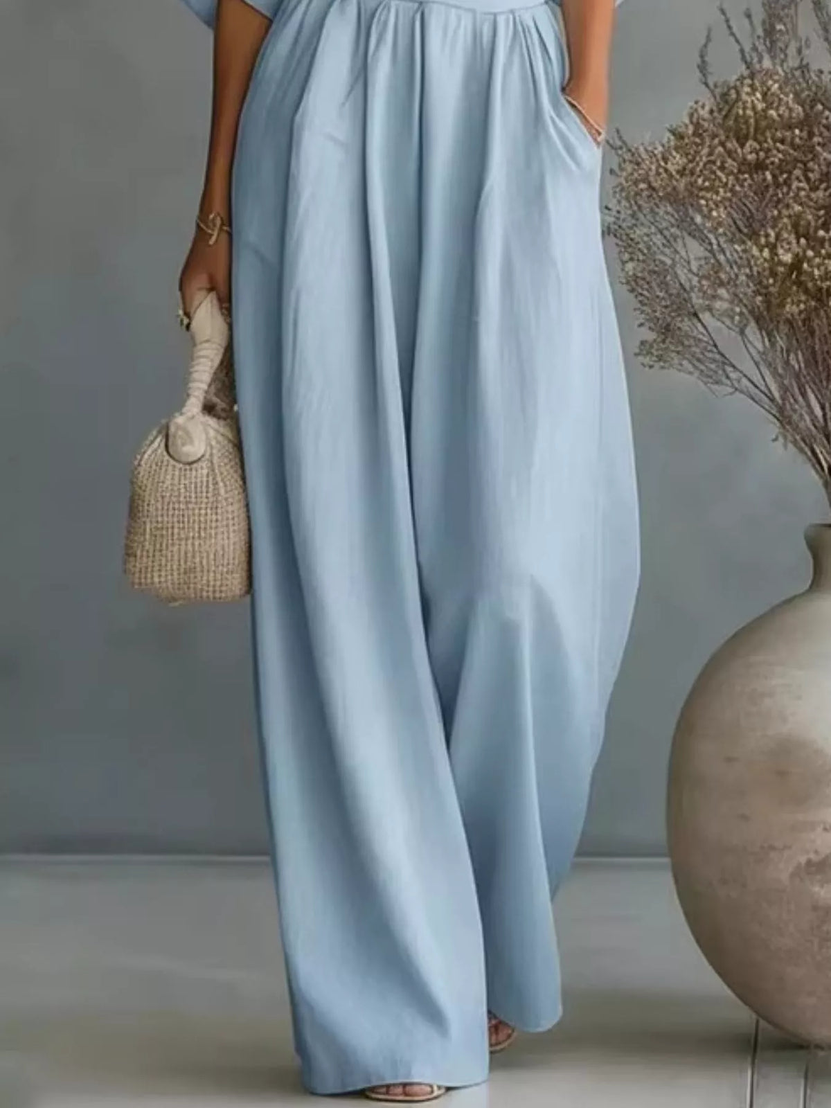 Ruched Half Sleeve Wide-Leg Jumpsuit