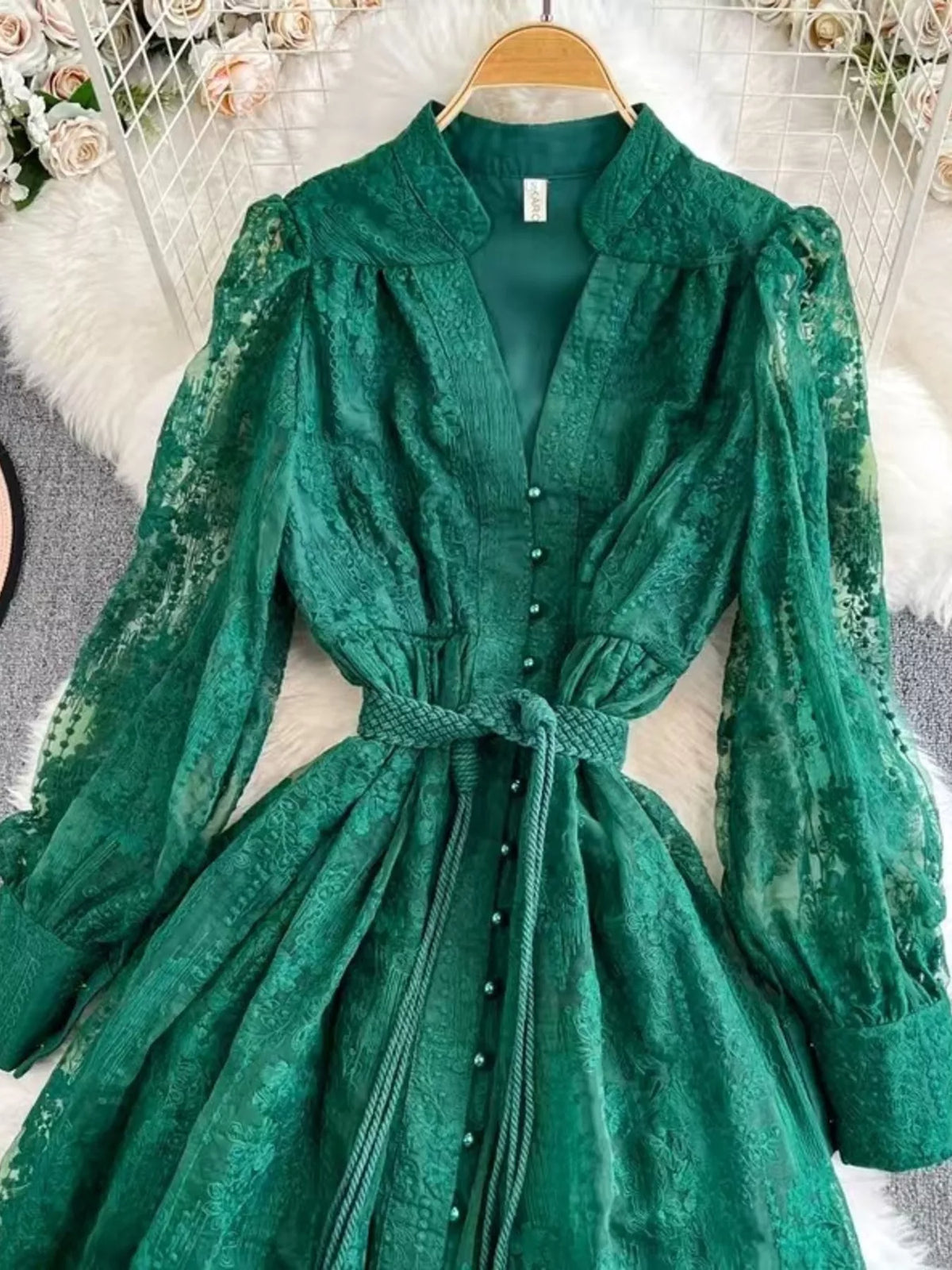 Lace Tie-Waist Long Sleeve Dress