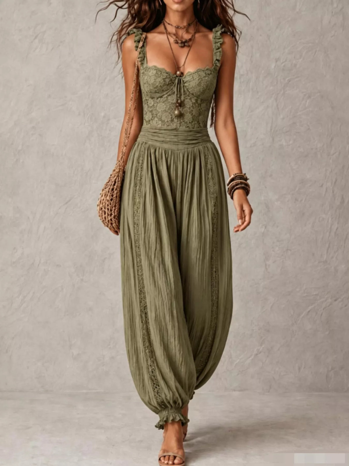 Boho Lace Corset Jumpsuit with Harem Pants