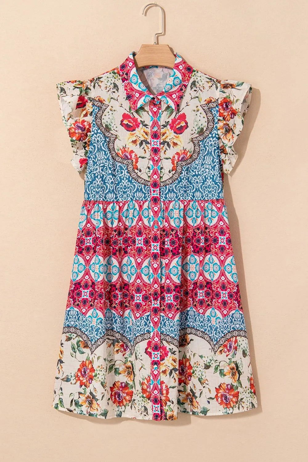 Floral Ruffle Flutter Sleeve Buttoned Dress