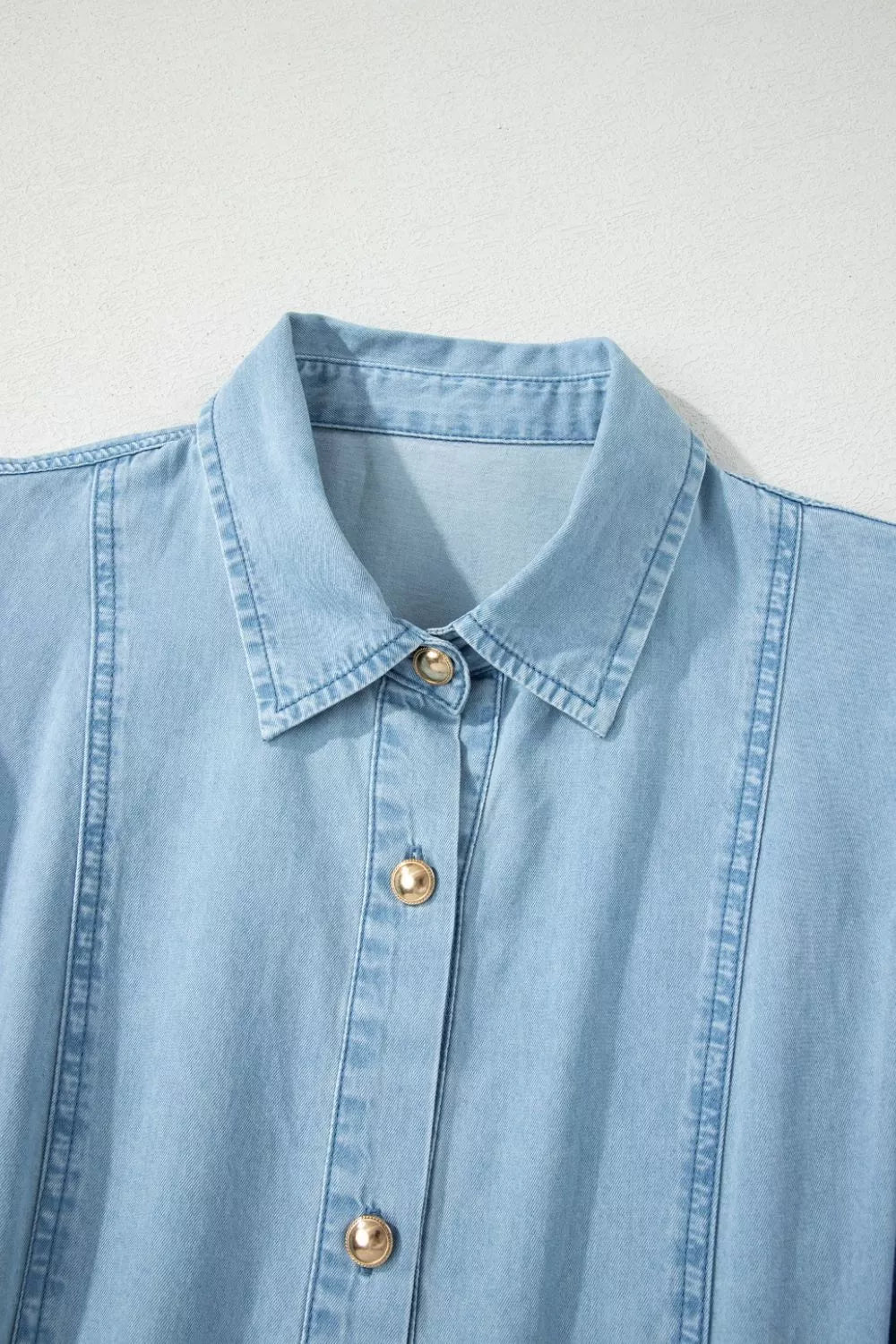 Collared Bubble Sleeve Denim Dress in Light Blue