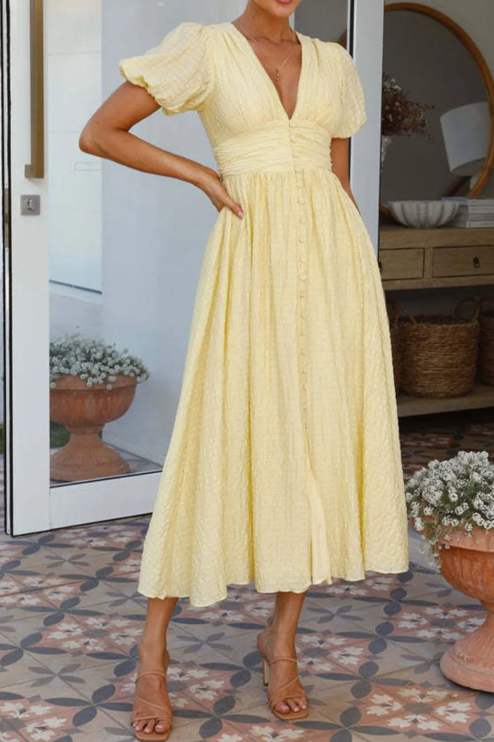 Smocked Puff-Sleeve V-Neck Midi Dress