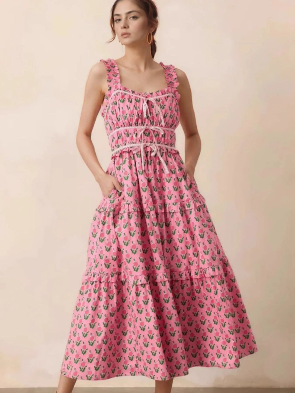 Floral Print Ruffled Midi Dress with Pockets in Pink