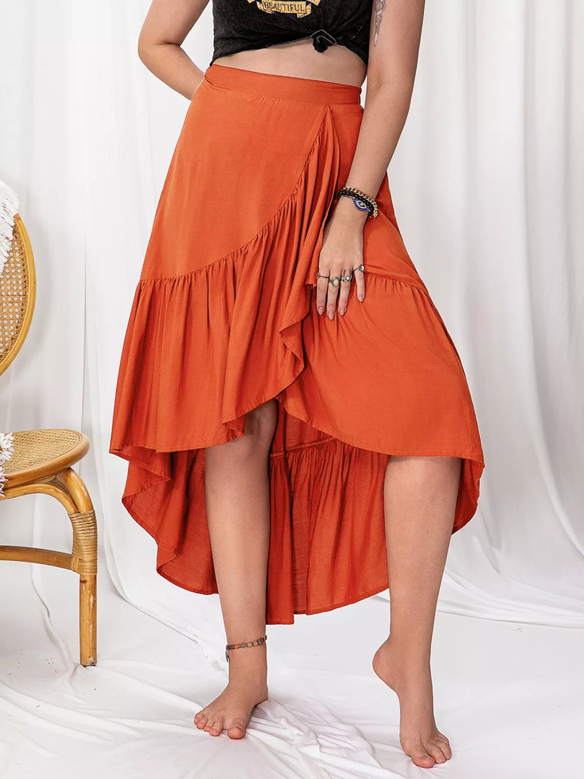 Orange Plus Size Ruffled High-Low Skirt