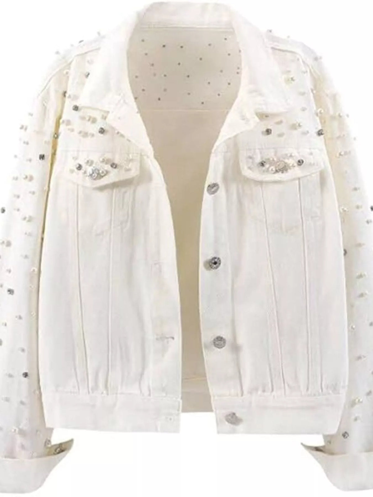 Pearl Detail Button-Up Denim Jacket