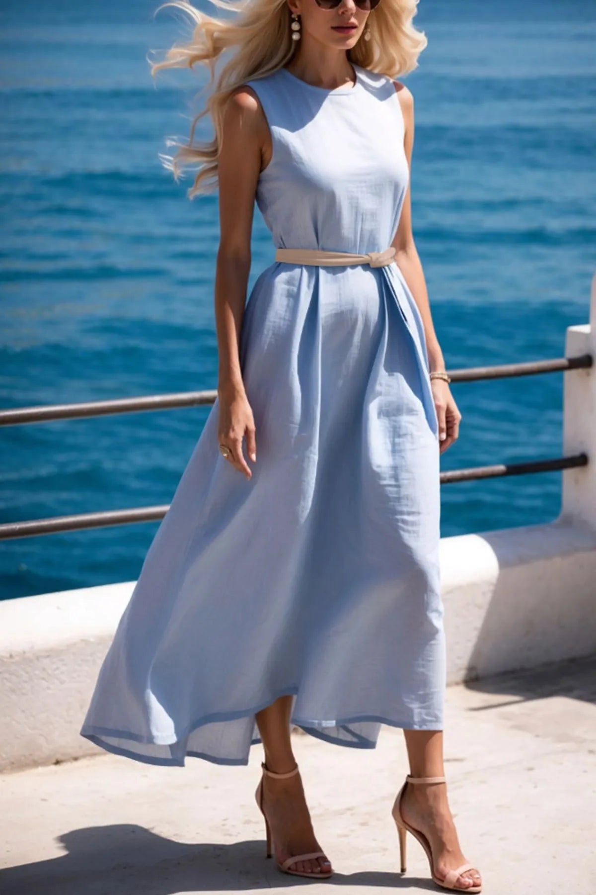 Round Neck Sleeveless Midi Dress in White