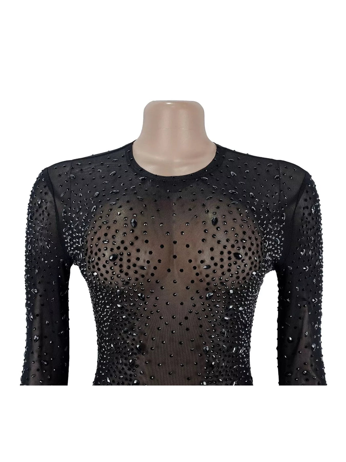 Sheer Mesh Rhinestone Evening Dress in Black