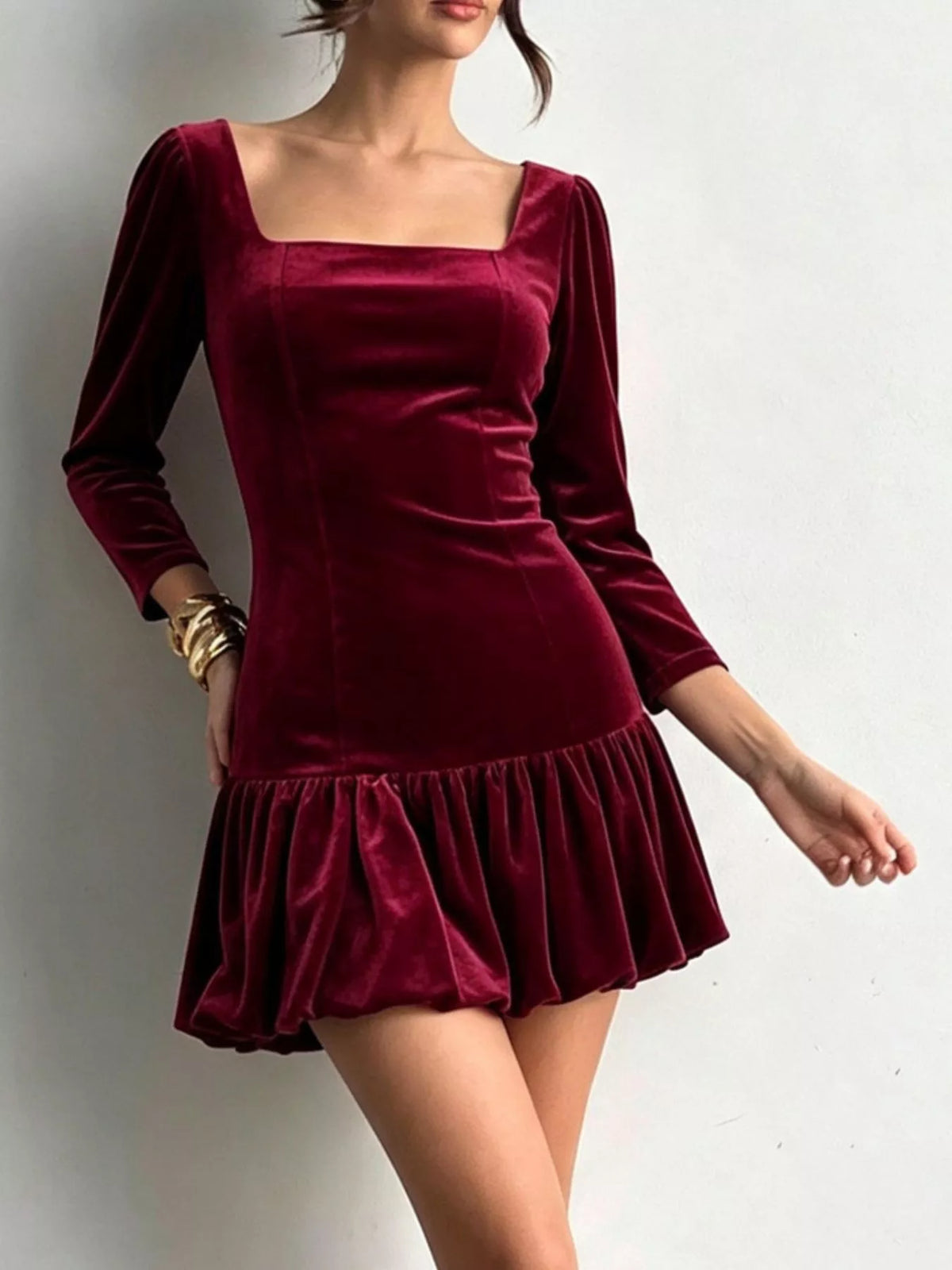 Velvet Square-Neck Mini Dress in Burgundy