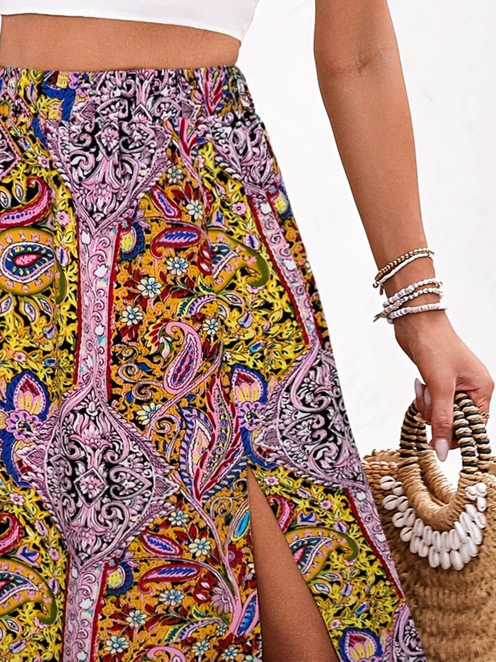 Printed Elastic-Waist Skirt with Slit