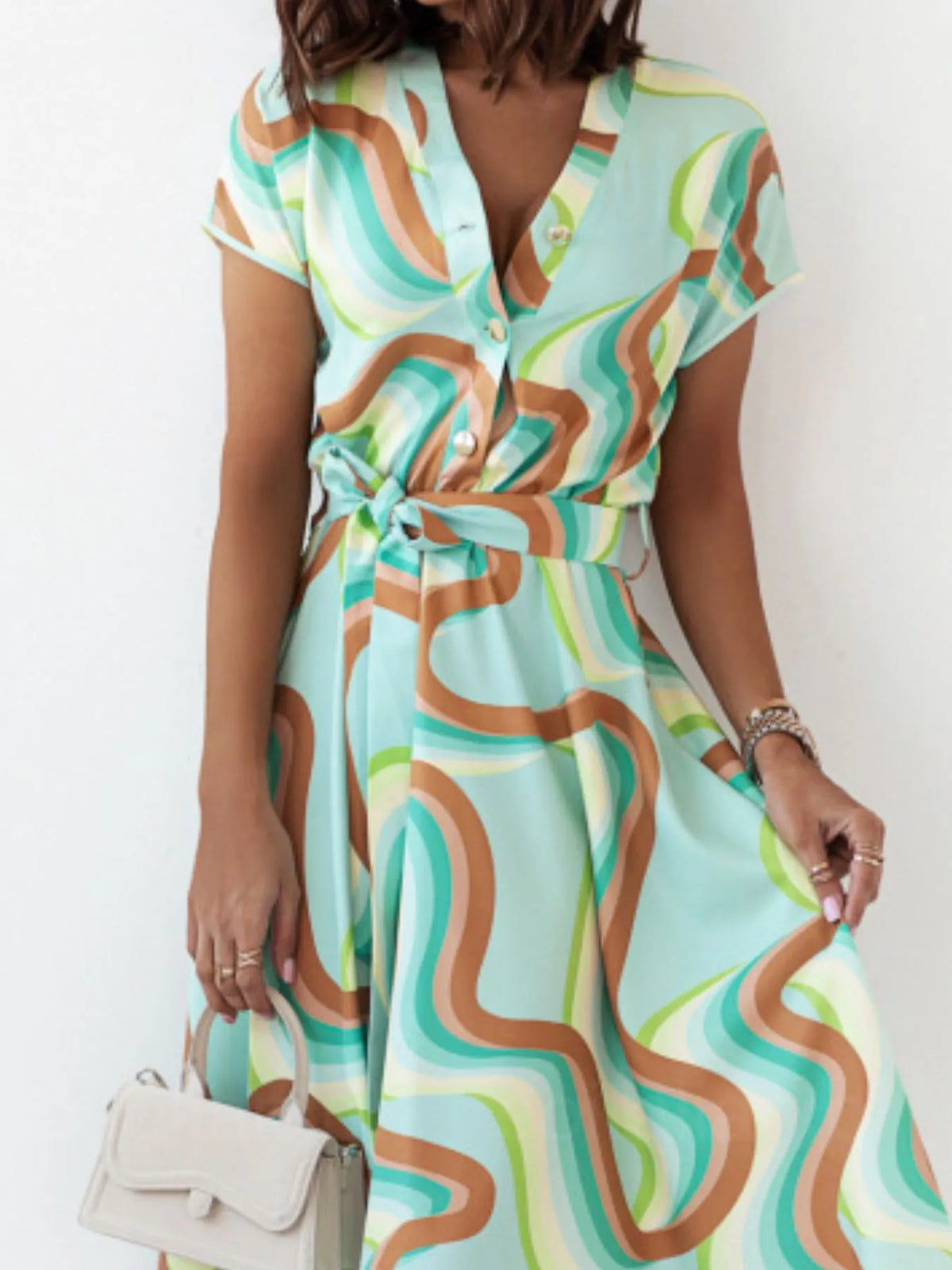 Printed Button-Front Midi Dress with Belt