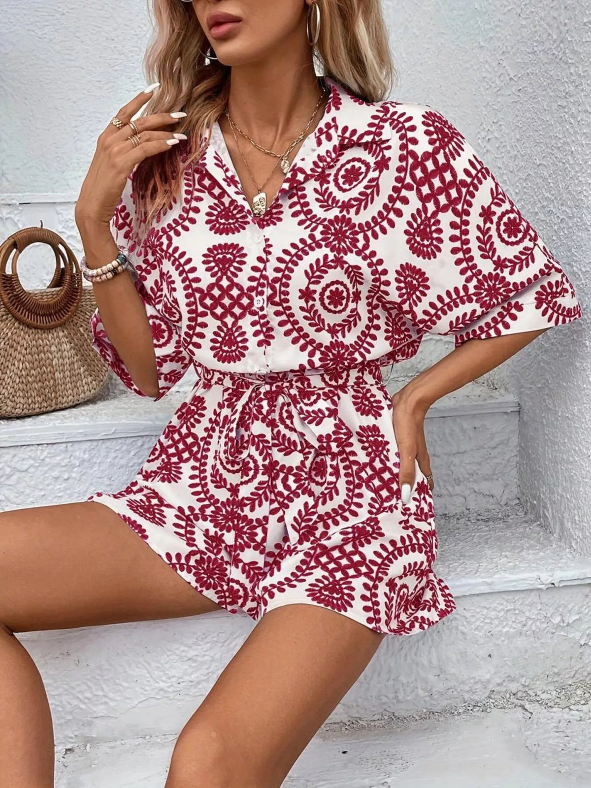 Printed Button Front Tie Waist Romper