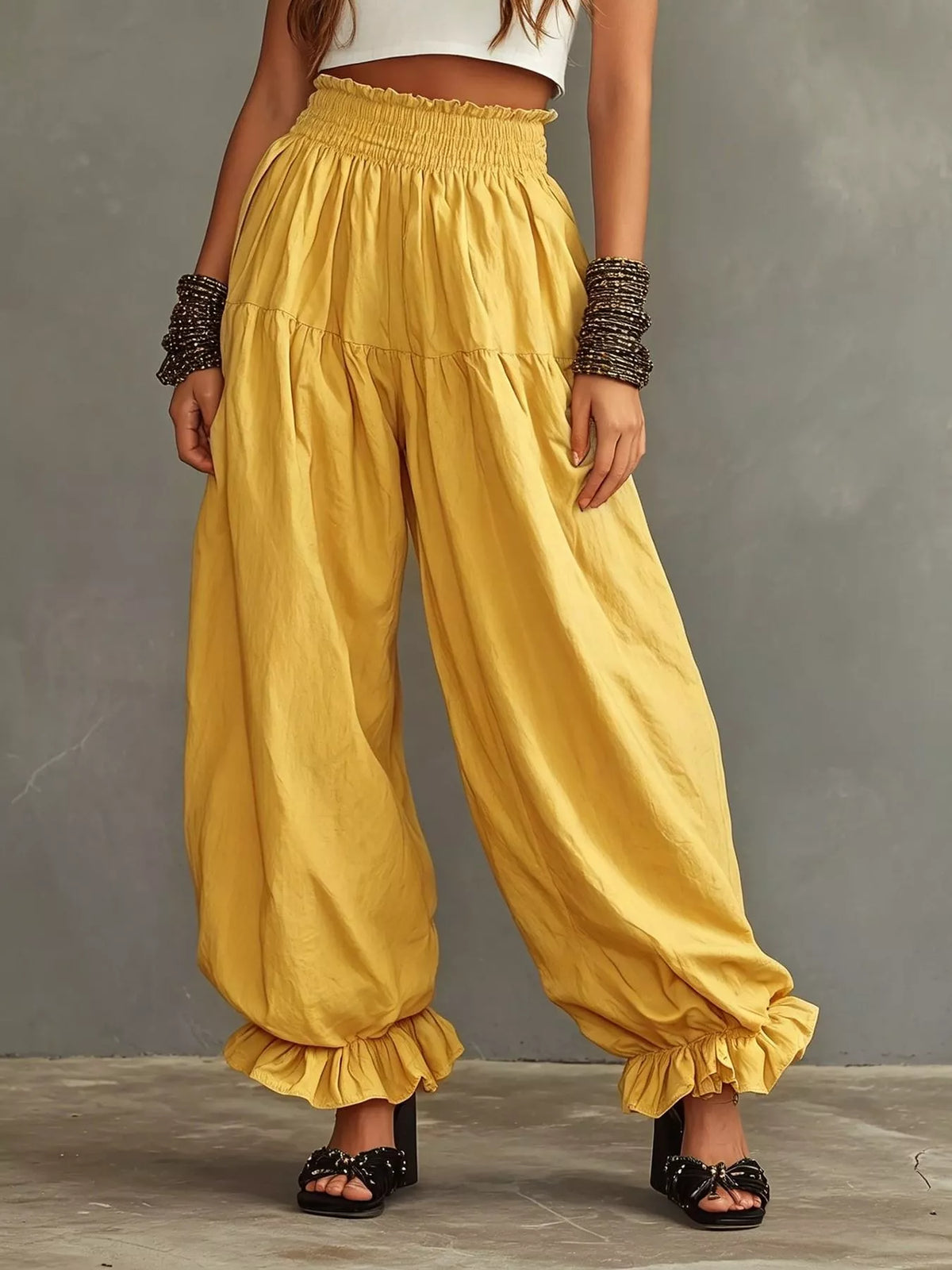 Smocked Ruffle Hem Wide Leg Pants