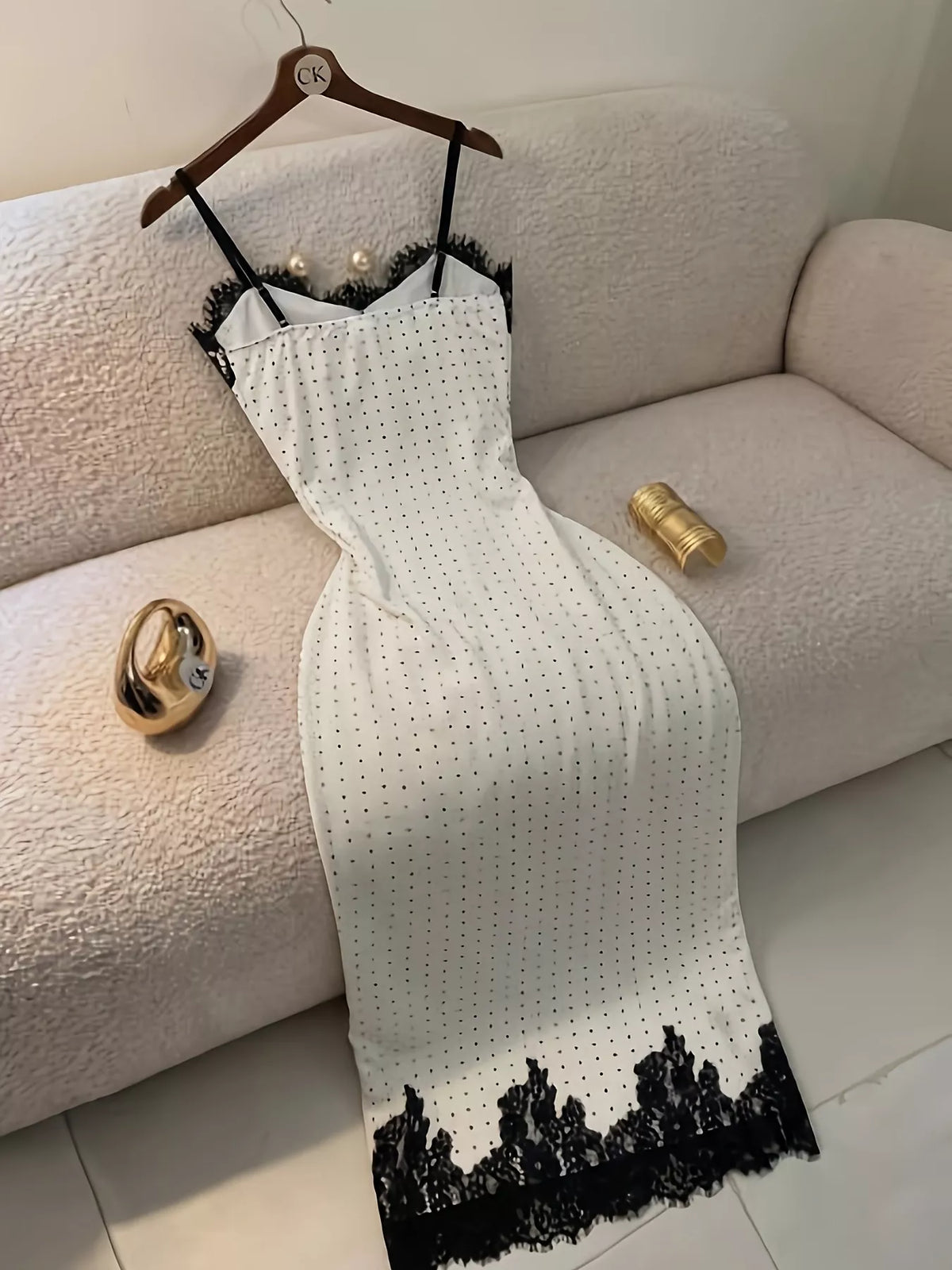 Polka Dot Lace Trim Maxi Dress in White