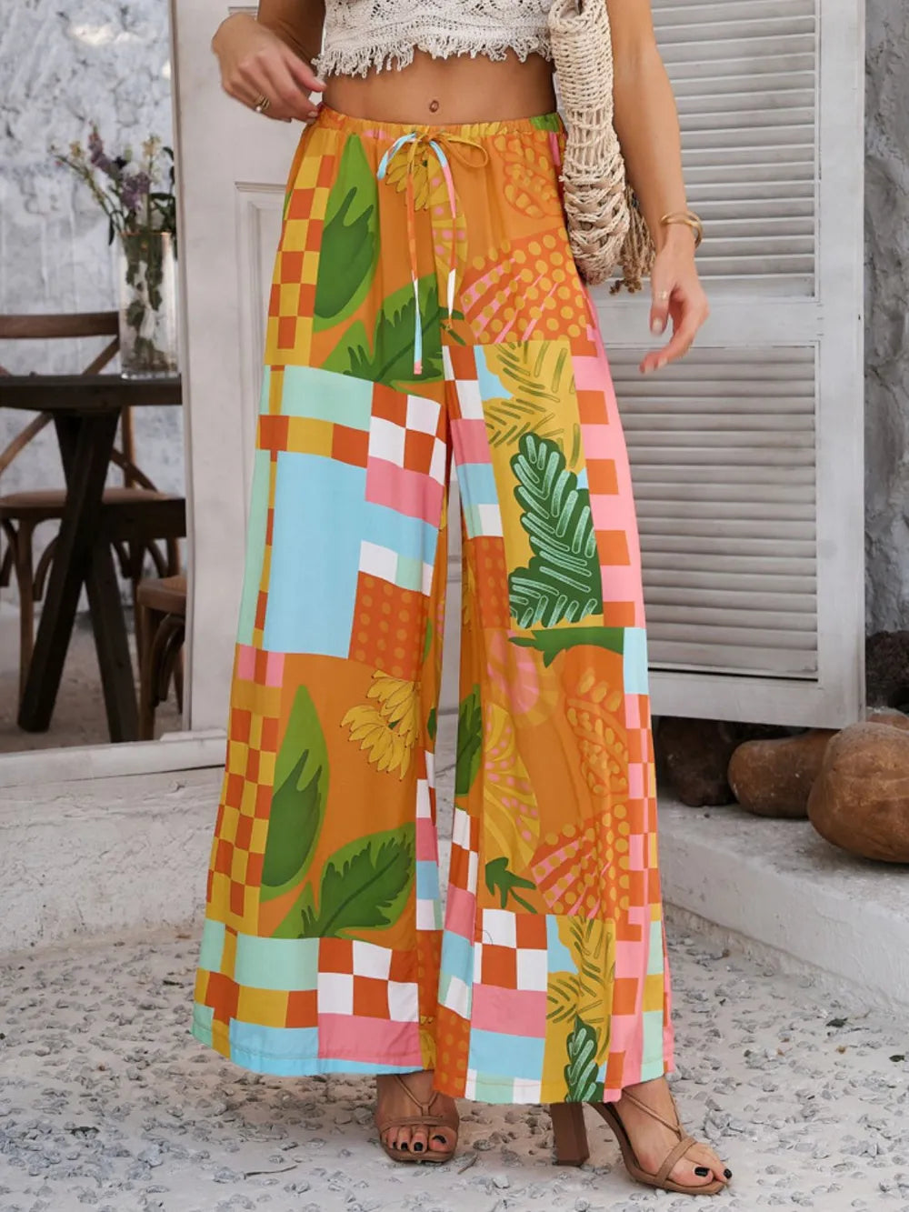 Drawstring Printed Wide Leg Pants