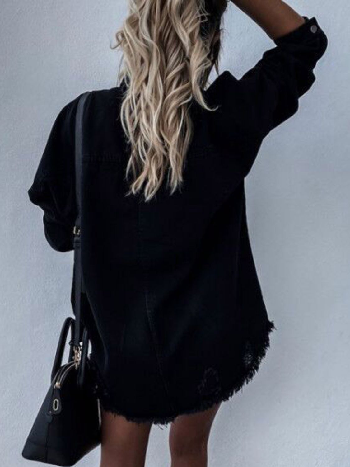 Raw Hem Collared Long Sleeve Denim Jacket