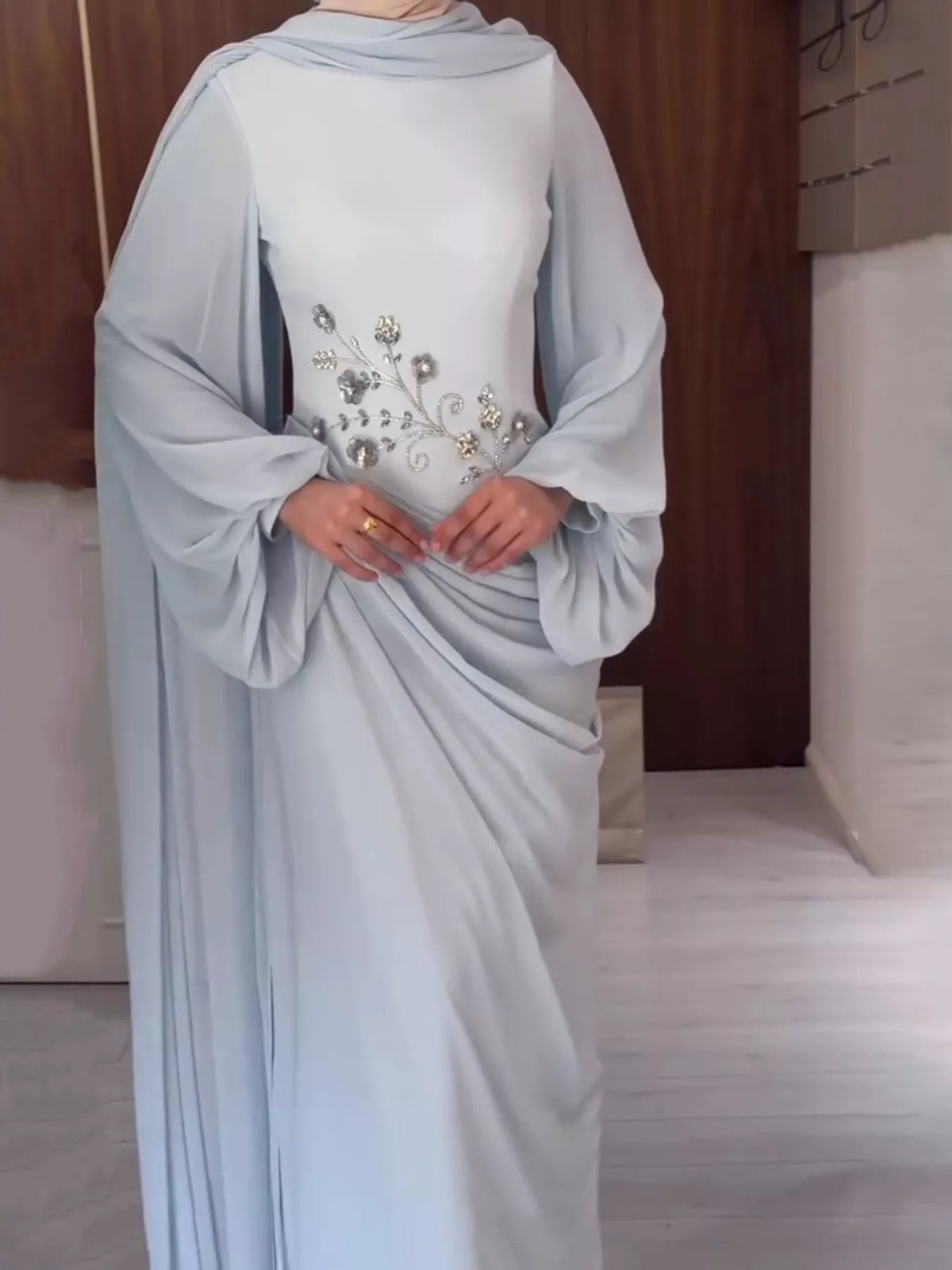 Long-Sleeve Rhinestone Ruched Maxi Evening Dress