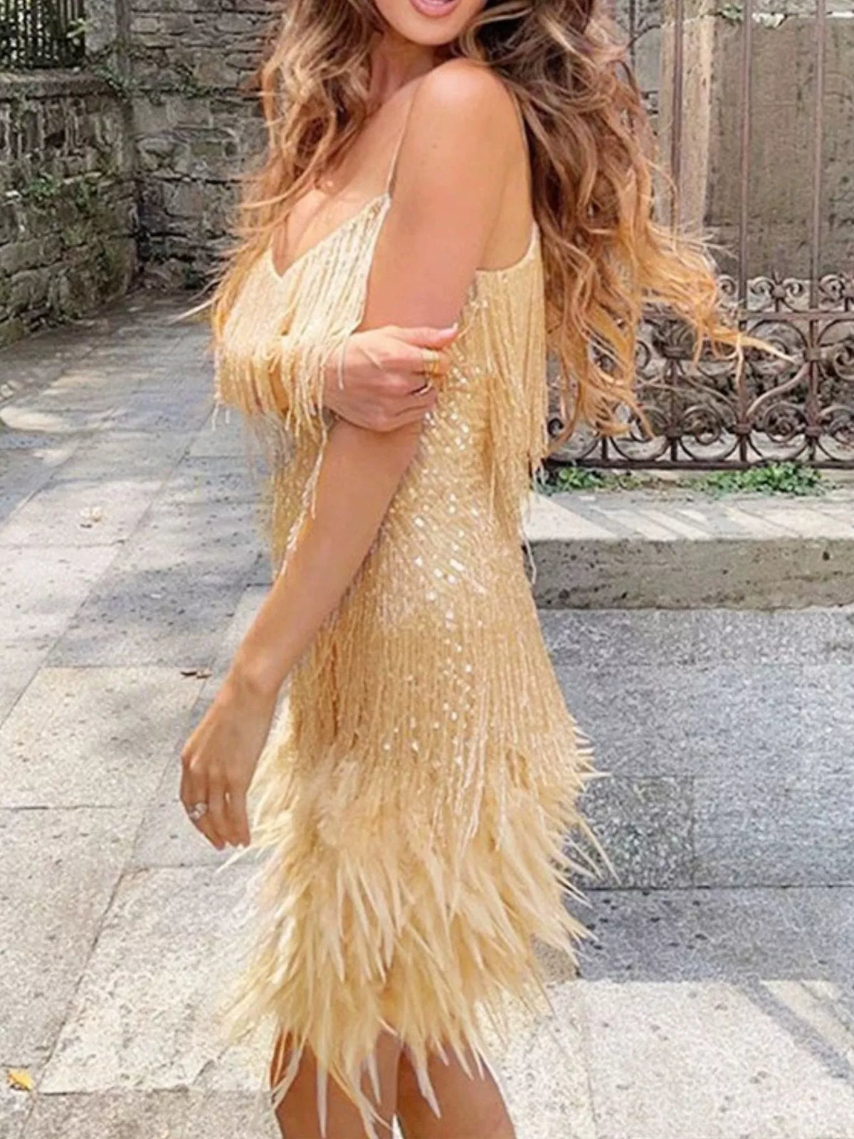 Sequin and Feather Fringe Mini Dress