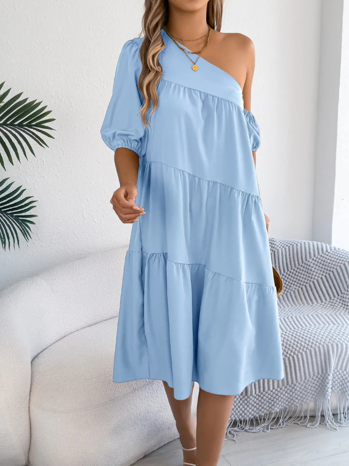 Asymmetrical Single-Shoulder Tiered Dress