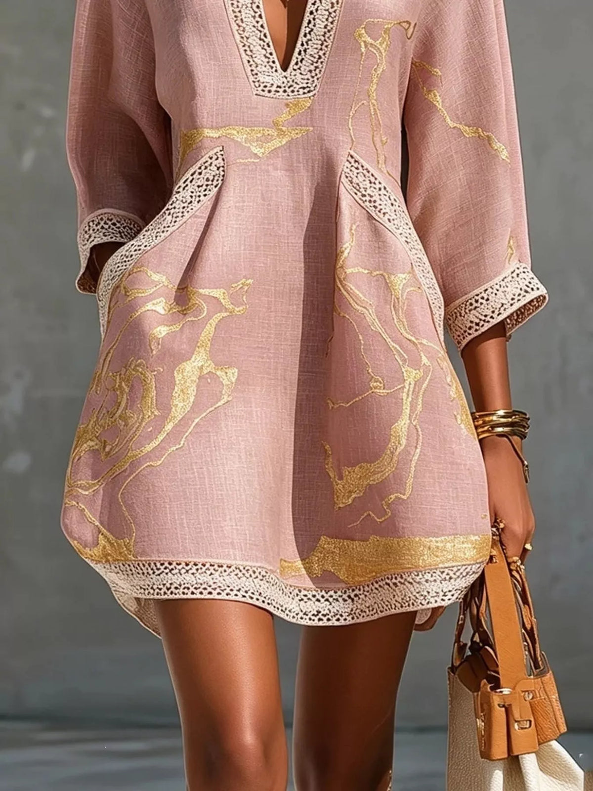 Notched 3/4 Sleeve Lace Mini Dress
