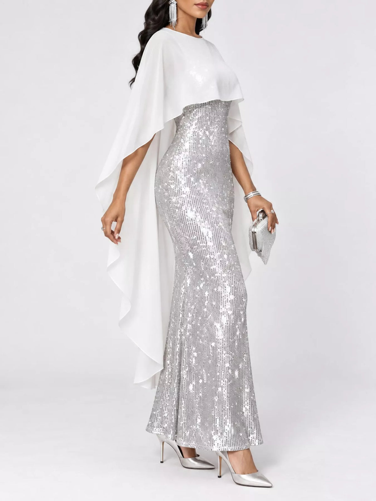Sequin Cape-Overlay Evening Dress