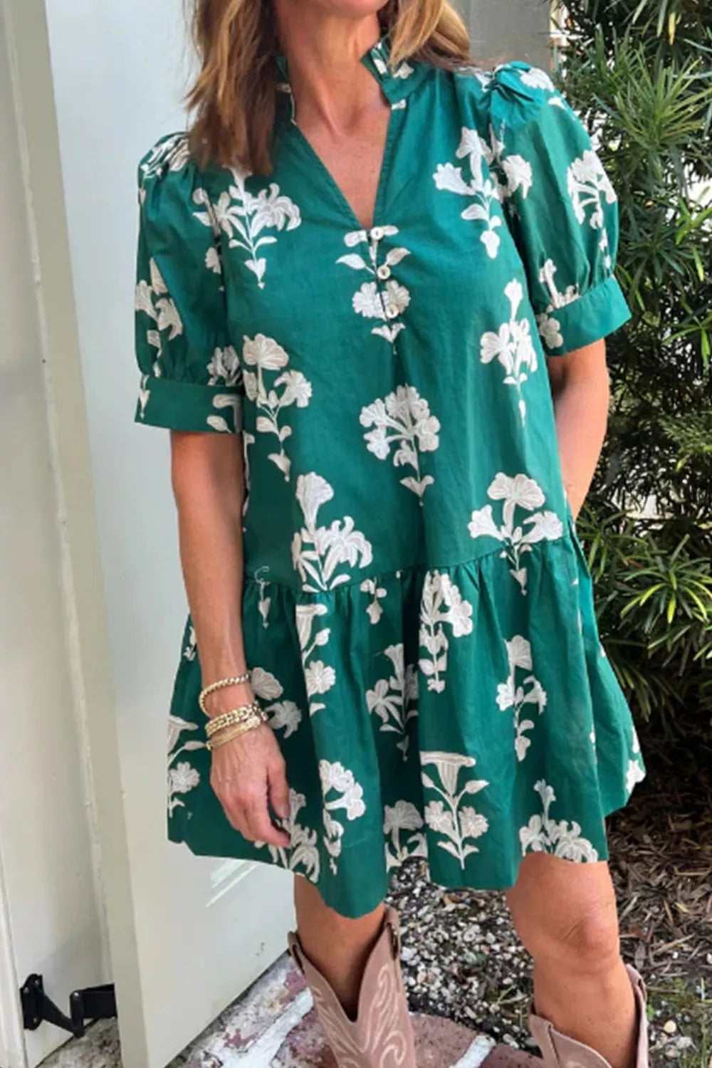 Frilled V-Neck Puff Sleeve Floral Mini Dress in Turquoise