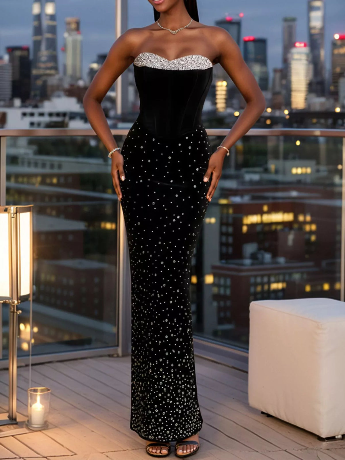 Rhinestone Slit Tube Maxi Dress in Black