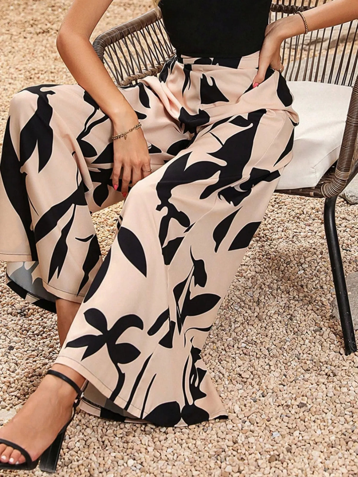 Printed Wide Leg Pants in Tan