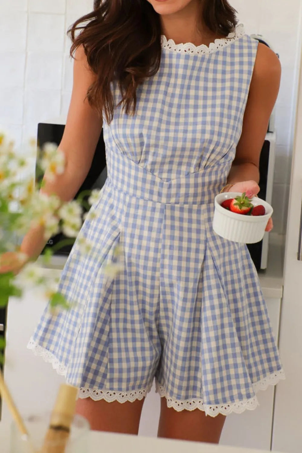 Lace-Detail Plaid Sleeveless Romper