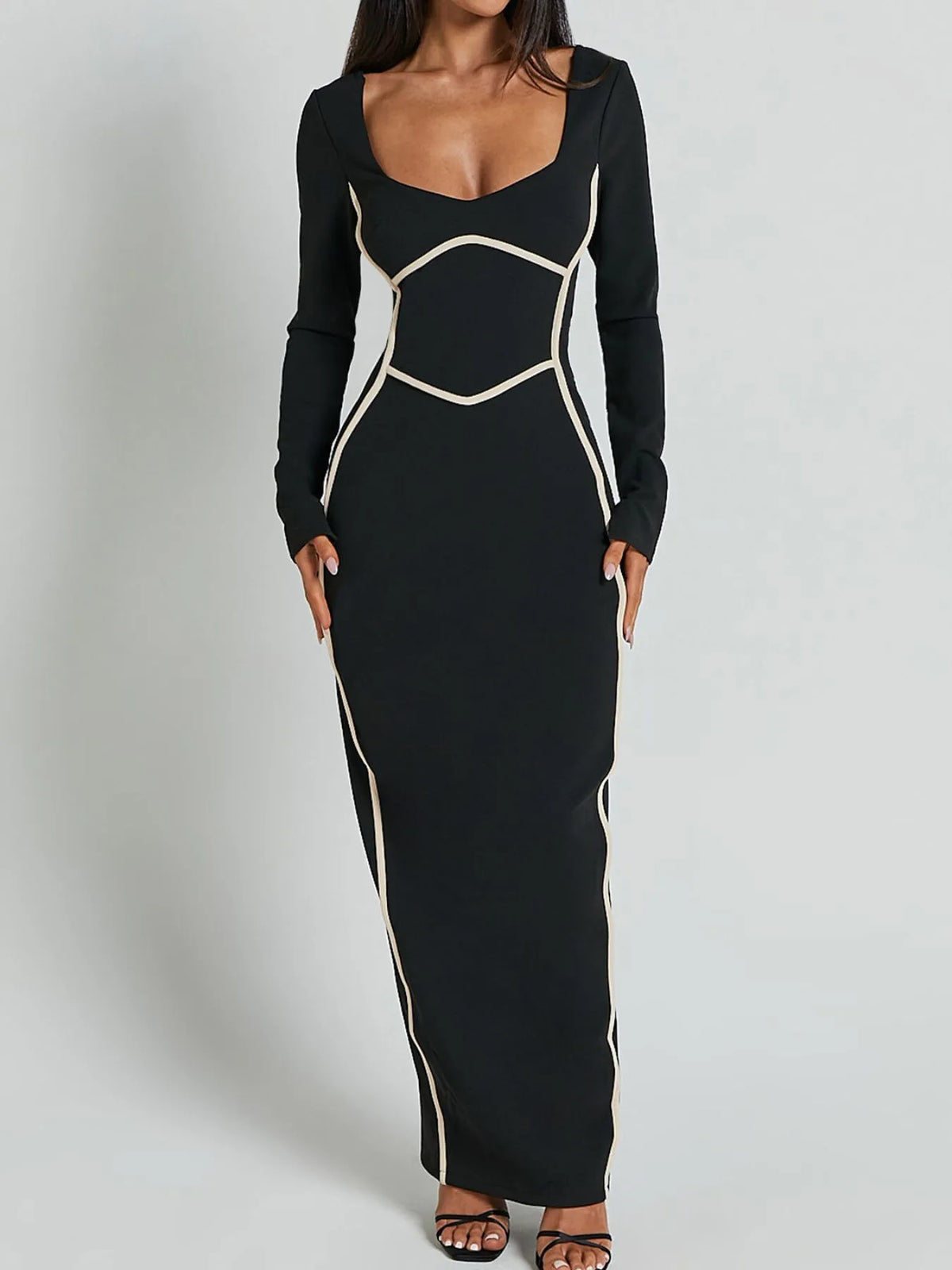 Contrast Trim Bodycon Maxi Dress in Black