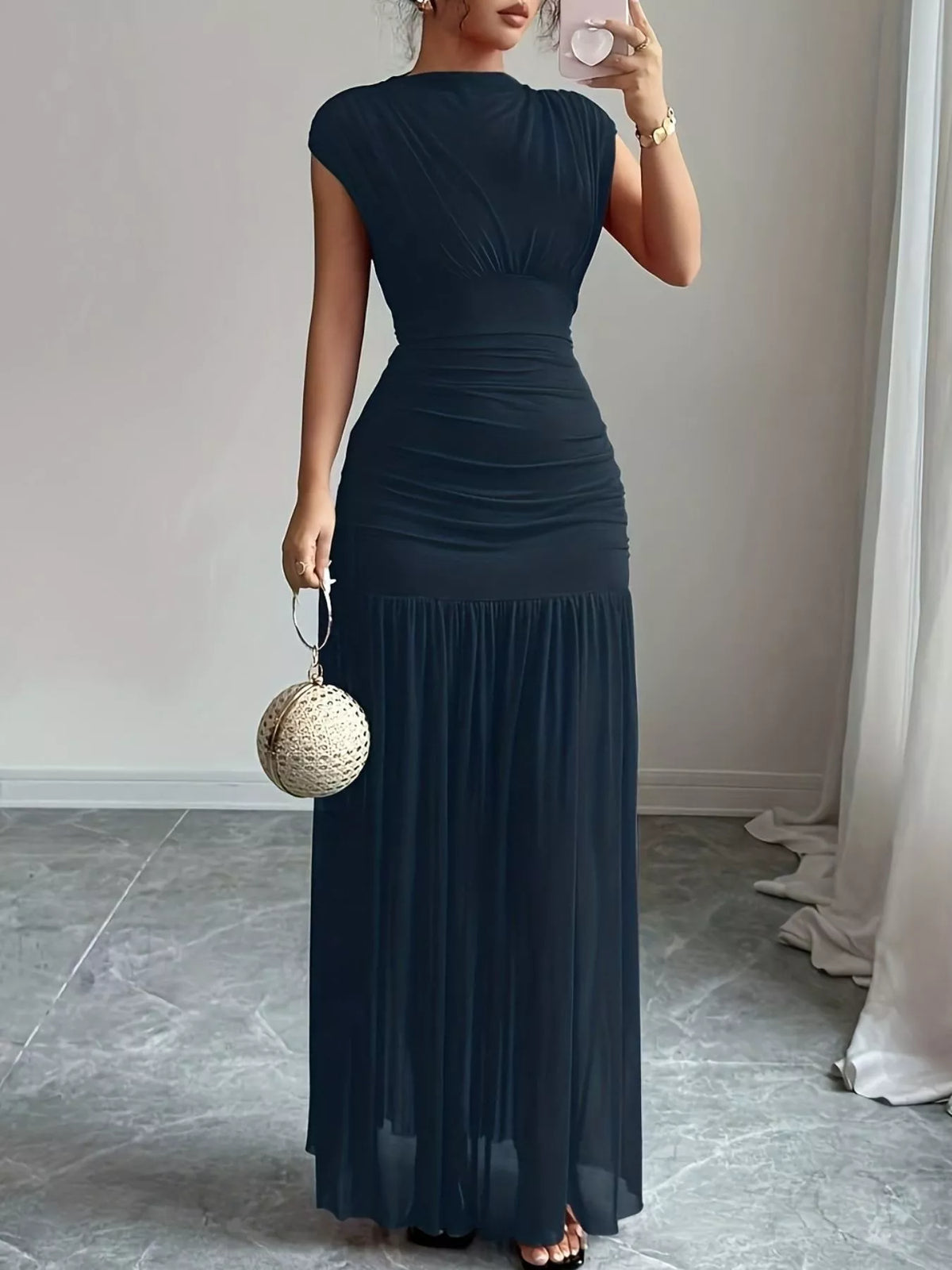 Ruched Bodycon Maxi Dress in Navy
