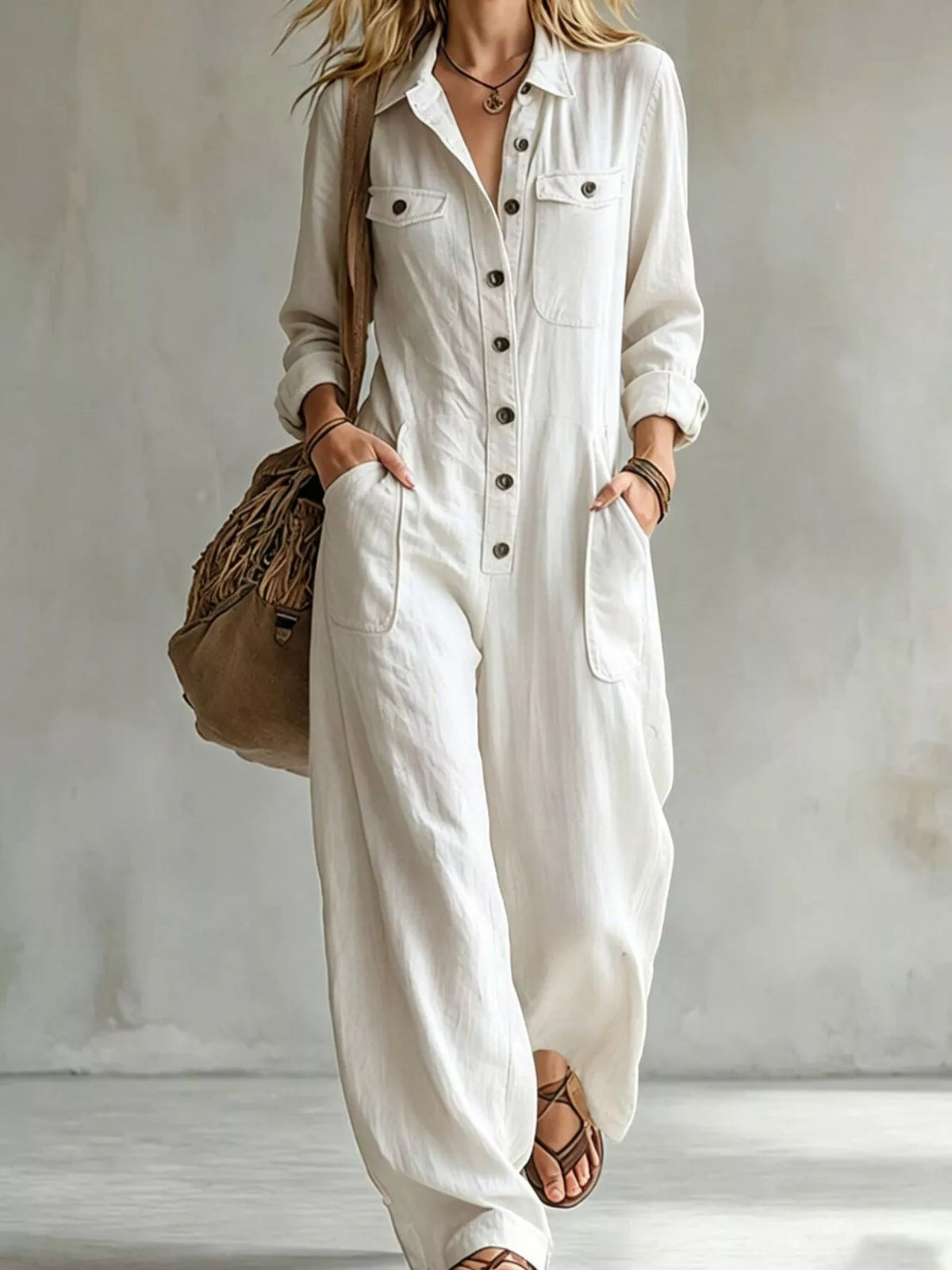 Long Sleeve Button Front Jumpsuit