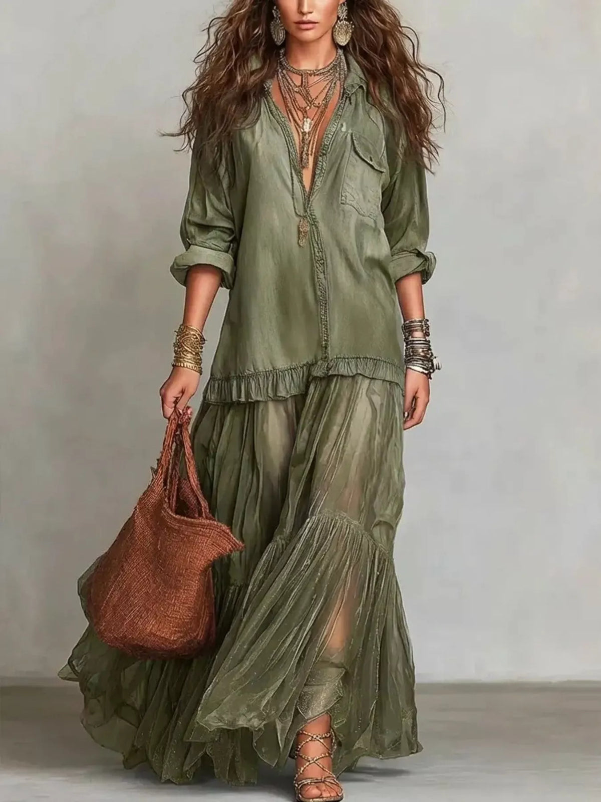 Ruffled Long Sleeve Sheer Maxi Dress