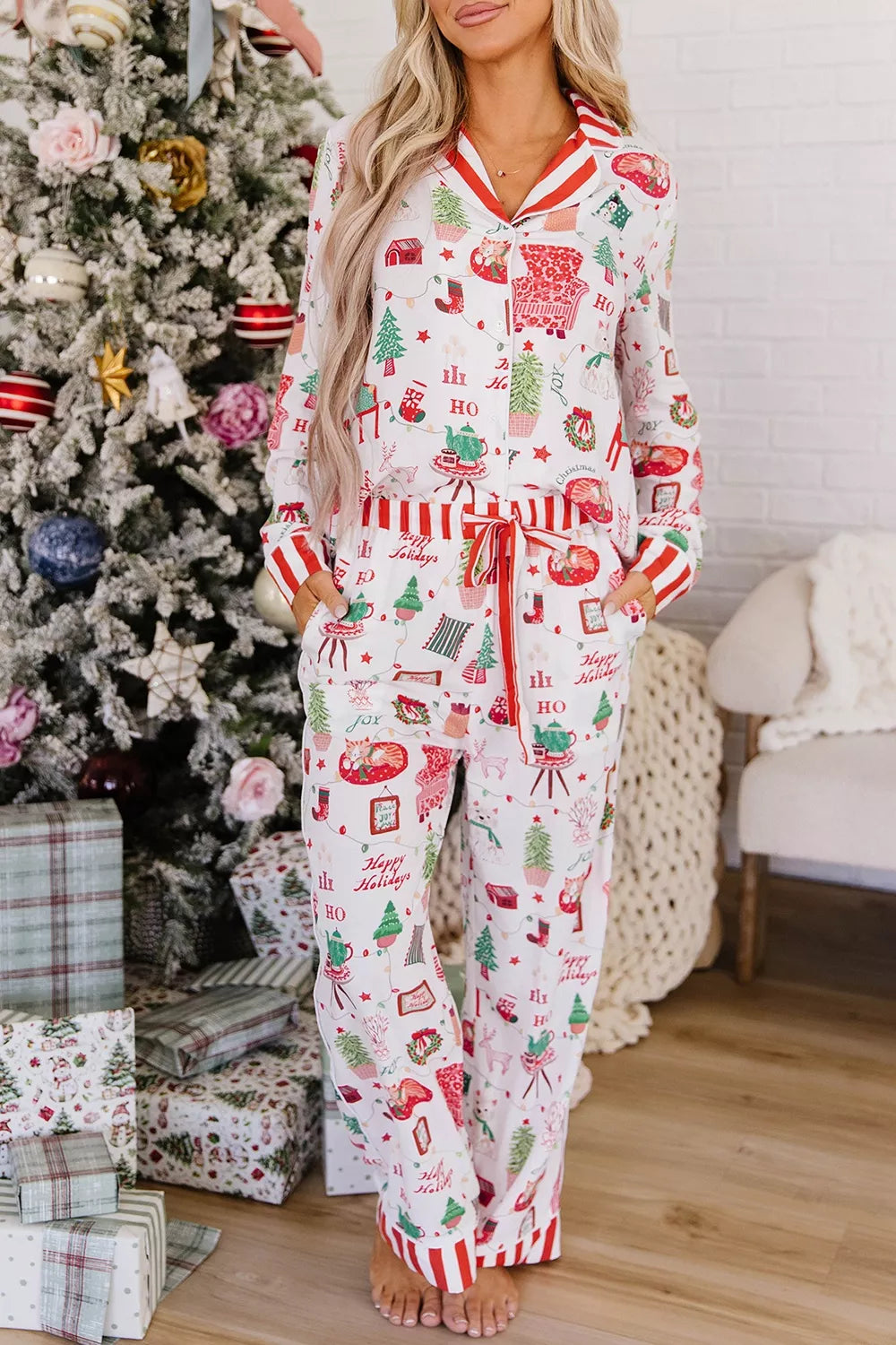Striped Button-Front Long-Sleeve Lounge Set in White