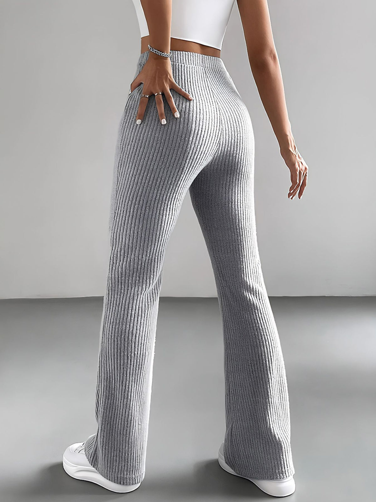 Ribbed Knit High-Waisted Flare Pants