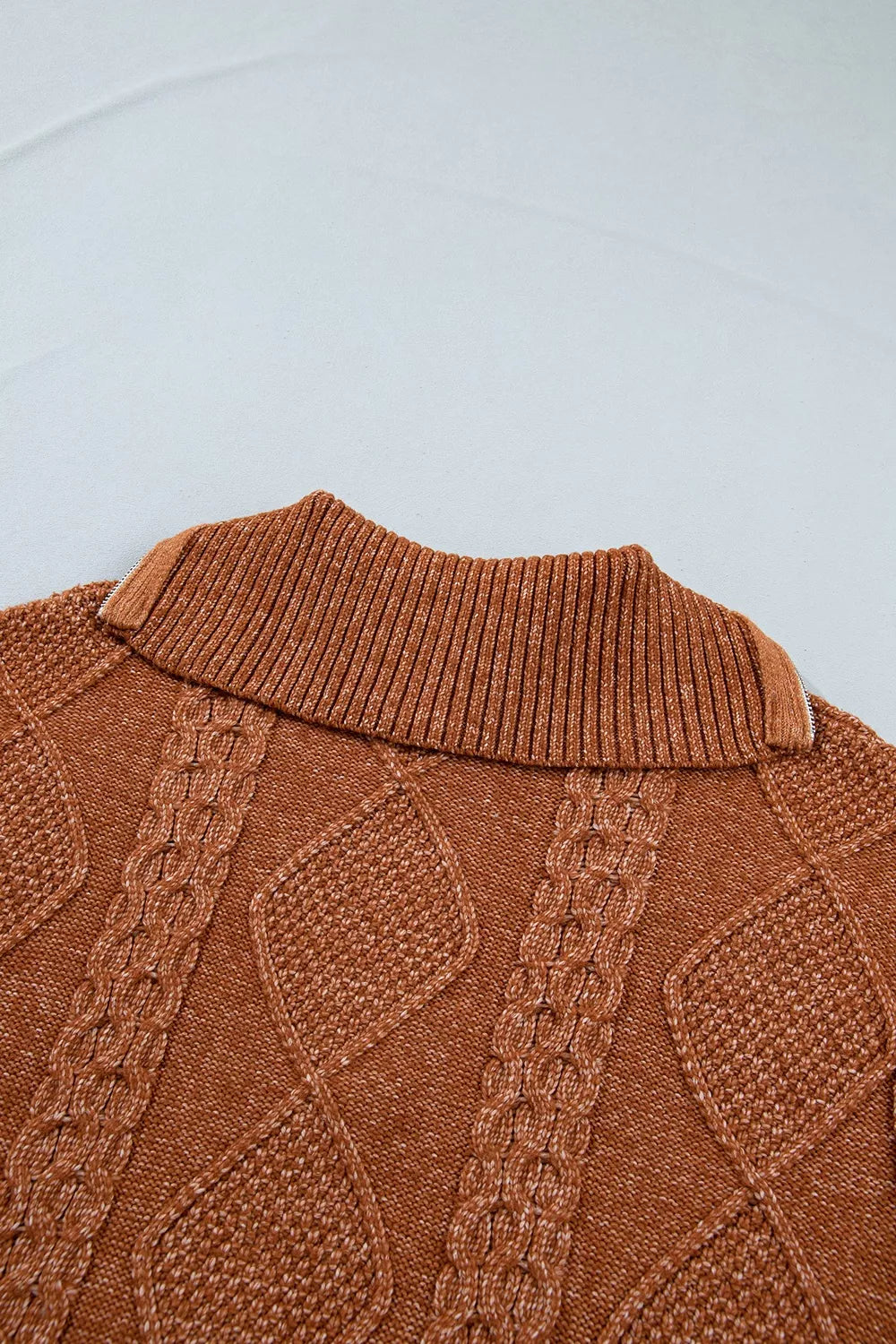 Zip-Up Cable Knit Drop Shoulder Sweater Dress in Caramel