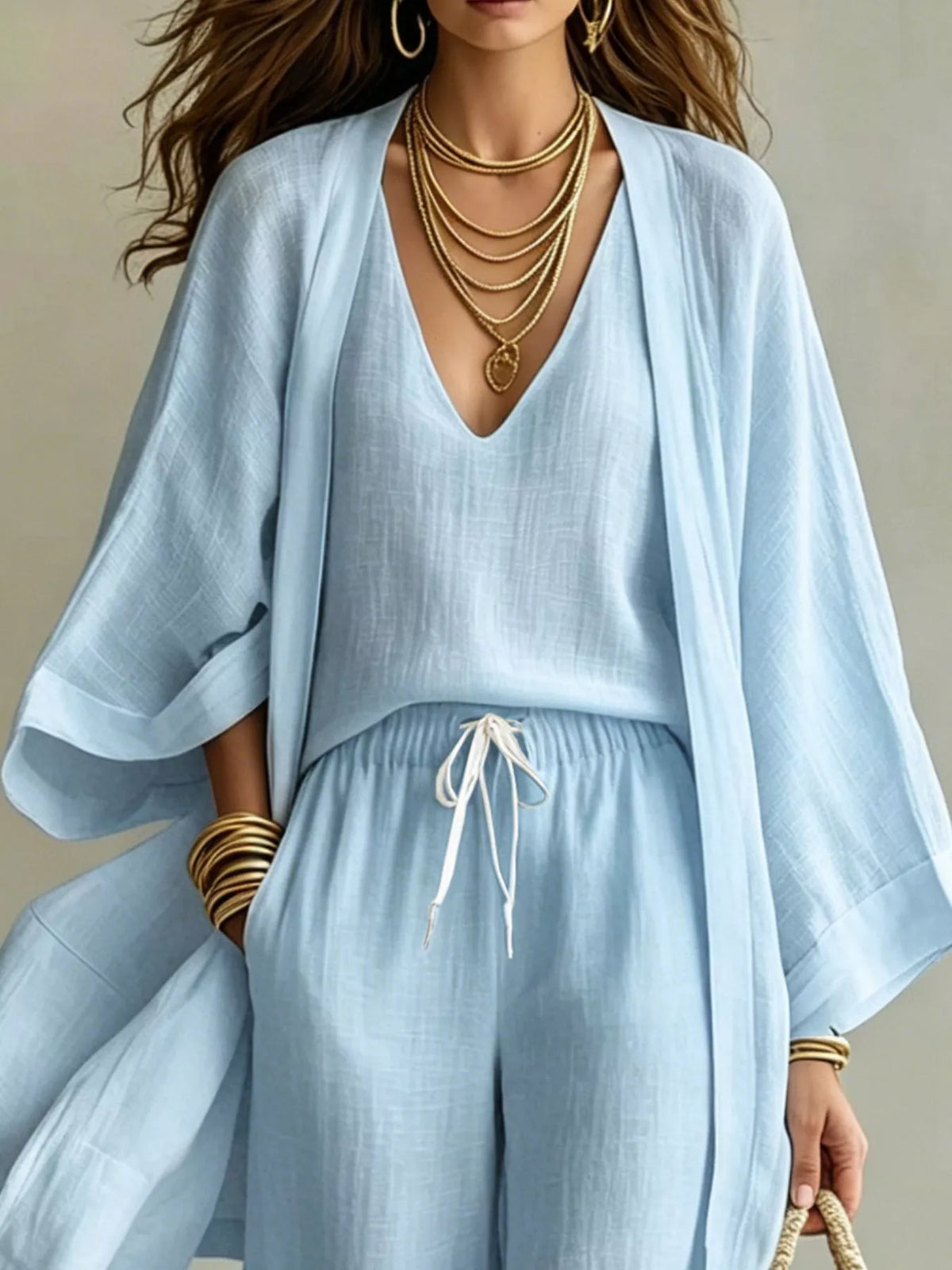 V-Neck Top, Cardigan and Pants Set