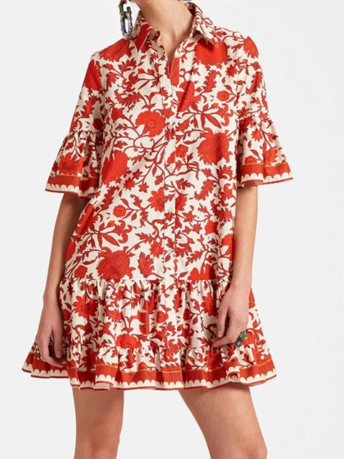 Buttoned Floral Ruffle-Sleeve Mini Dress by Rosaline