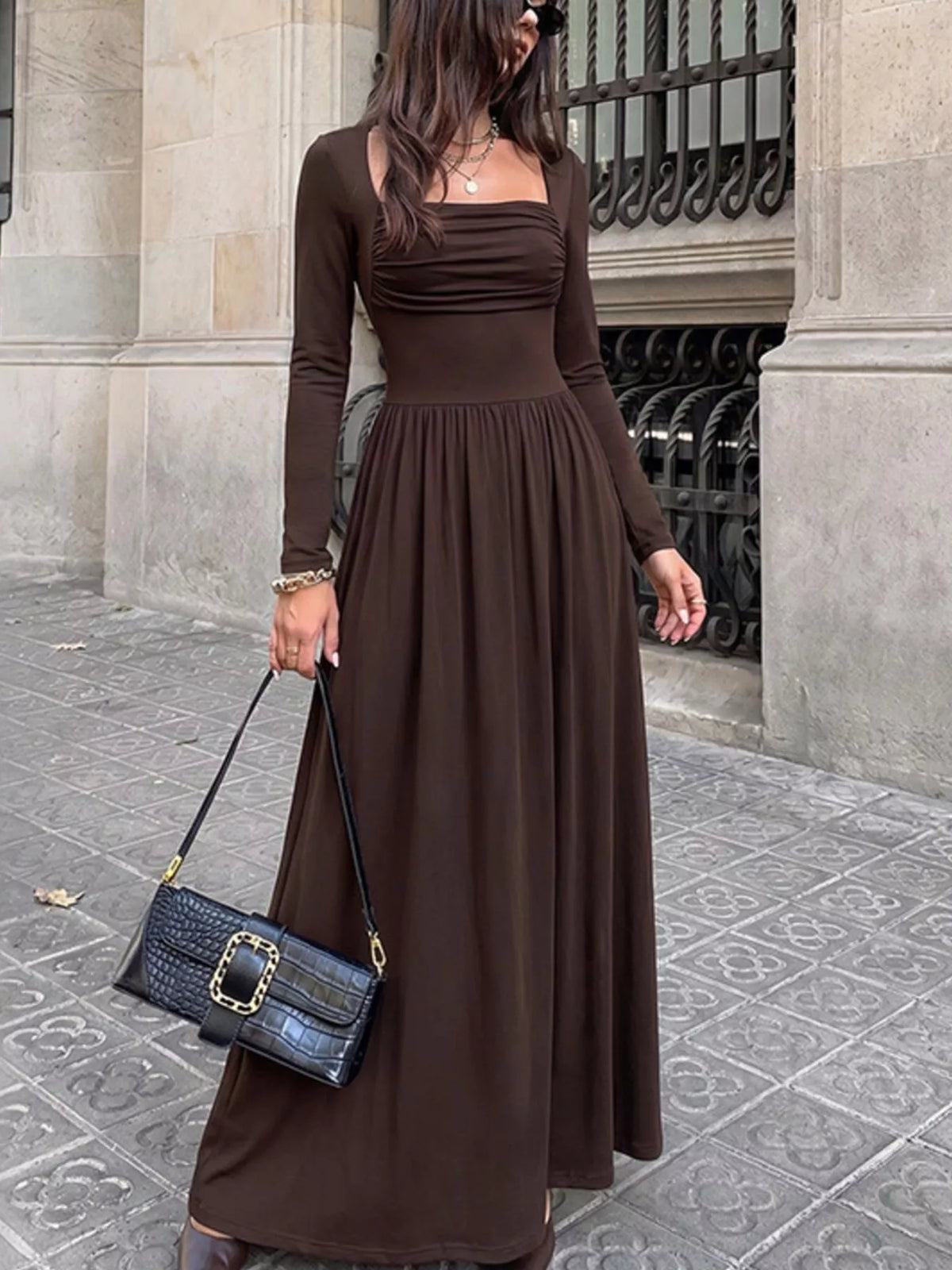 Ruched Square Neck Long Sleeve Maxi Dress in Coffee Brown
