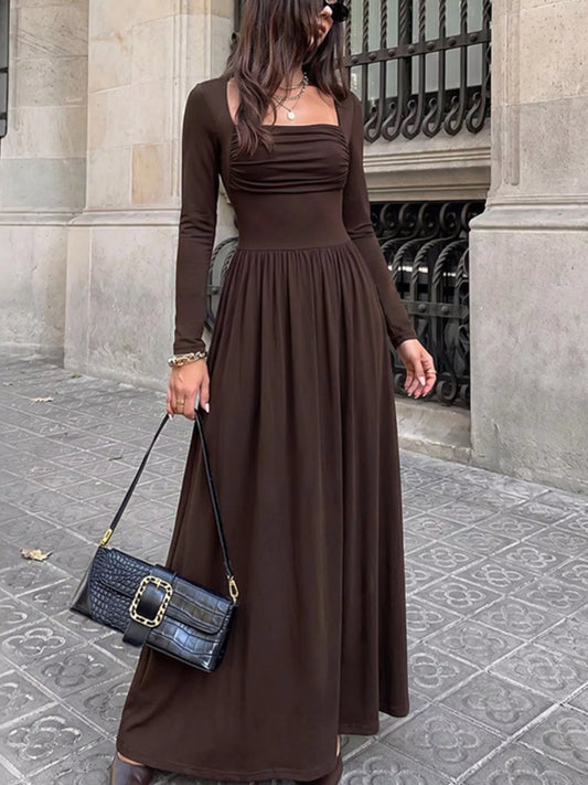 Ruched Square Neck Long Sleeve Maxi Dress in Coffee Brown