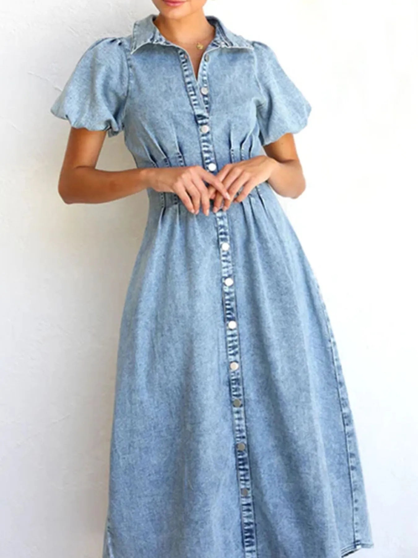 Puff Sleeve Button-Front Denim Midi Dress in Blue