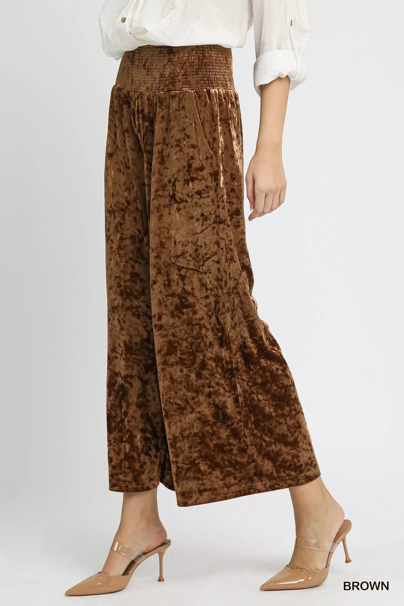 Umgee Velvet Wide-Leg Pants in Brown