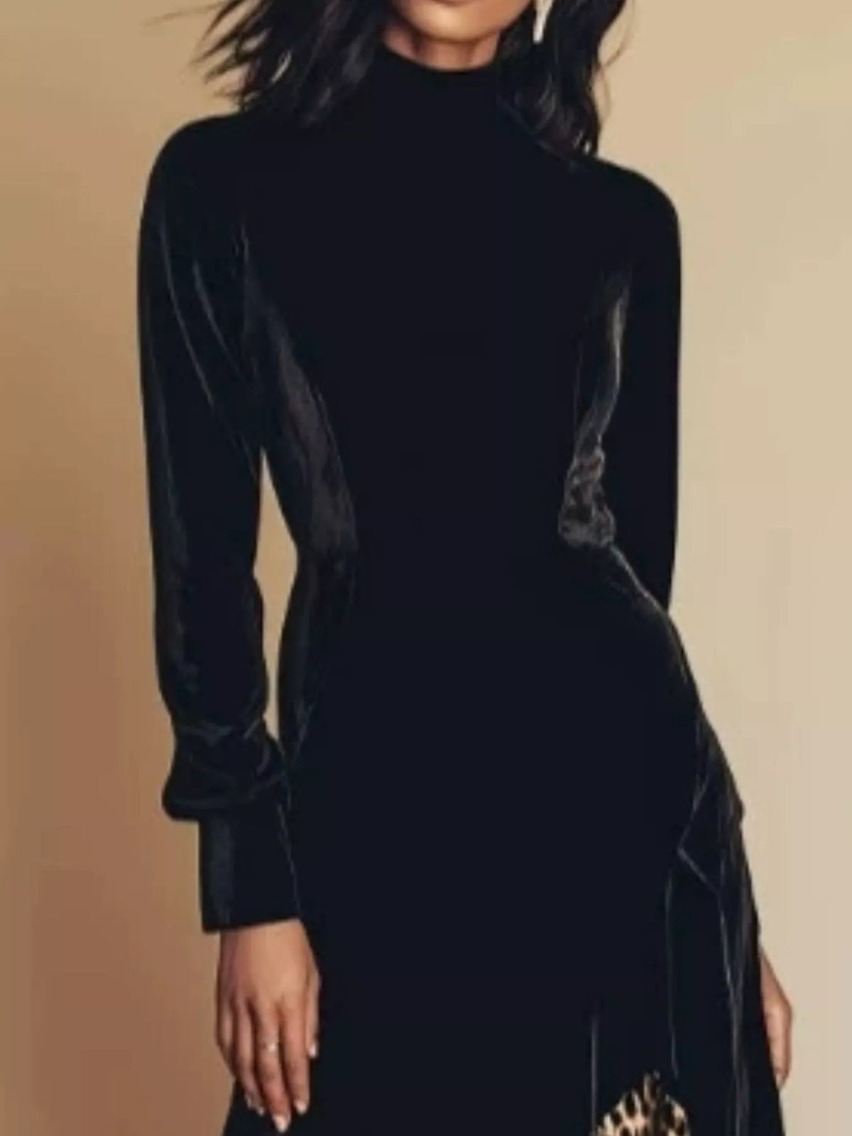 Leopard Ruffle Hem Mock Neck Dress in Black