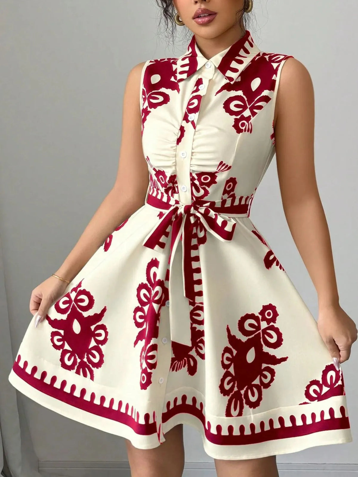 Printed Sleeveless Tie-Waist Mini Dress